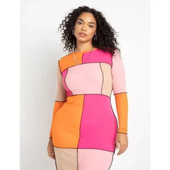 NEW Eloquii‎ Patchwork midi Dress, pink and orange, 22/24, New without tags - Picture 2 of 15